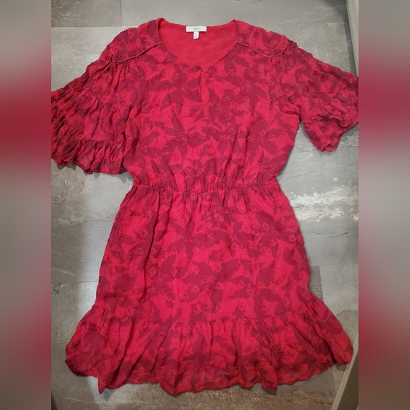 Joie Tersea Silk-blend Embroidered Ruffled Mini Dress. Pink, Red. Hibiscus. M. - Picture 4 of 14